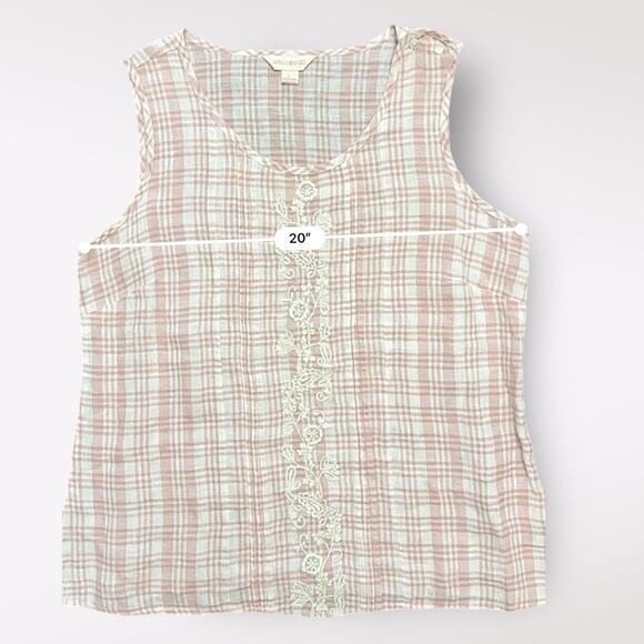 April Cornell Linen Tank L Pink White Plaid Sleeveless Boho Cottagecore - Picture 4 of 7